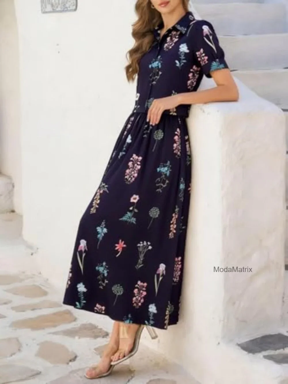 2 Piece Floral Skirt Set Puff Sleeve Blouse Elastic Waist Matching Vacation